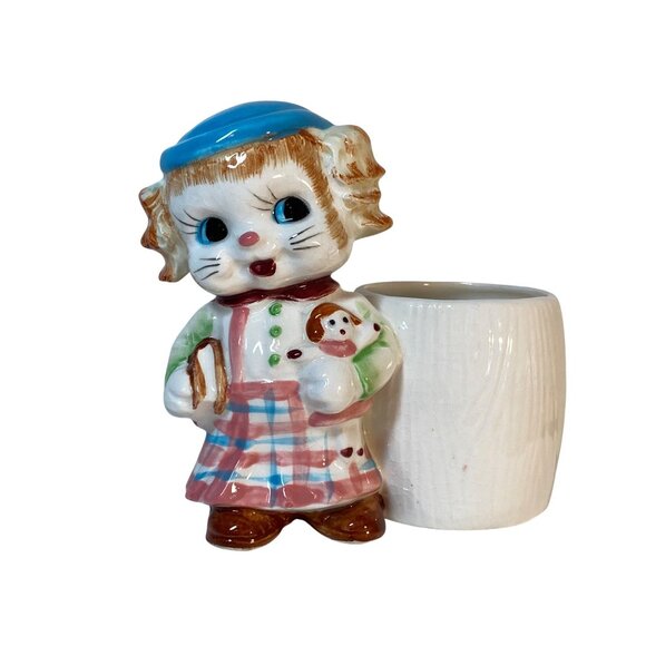 Ceramic Planter Kitschy Cat School Girl  Book Doll Nursery VTG - Picture 2 of 14